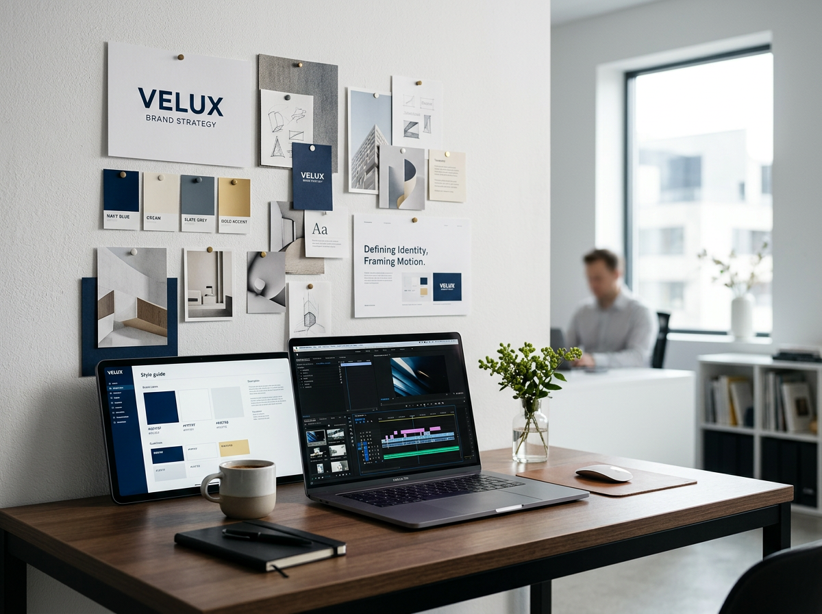 Brand strategy studio workspace with video editing timeline and brand style guide